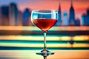 a glass of red wine on a table in front of a city skyline. AI-Generated photo