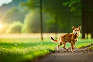 a dog is walking on a path in the middle of a field. AI-Generated photo