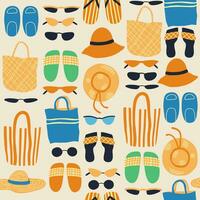 seamless pattern with beach slippers, bags and hats on the sand. vector illustration in flat style