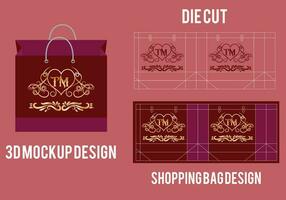 Shopping bag die cut template, paper bag die cut template, 3d bag mockup vector