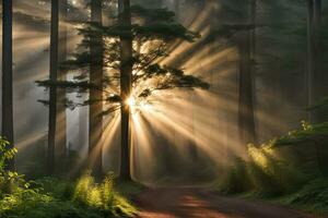 Scenic landscape rays of light over road forest created with generative ai technology photo