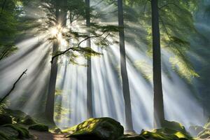 Scenic landscape rays of light in the forest created with generative ai technology photo