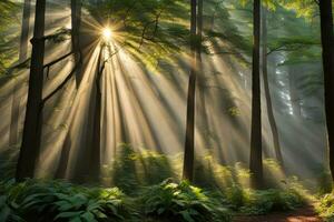 Scenic landscape rays of light in the forest created with generative ai technology photo
