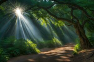 Scenic landscape rays of light over road forest created with generative ai technology photo