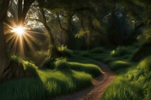 Scenic landscape rays of light over road forest created with generative ai technology photo