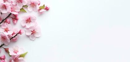 pink cherry blossoms, flat lay photography with copy space AI generated photo