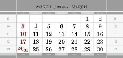 marzo 2024 trimestral calendario bloquear. pared calendario en inglés, semana empieza desde domingo. vector