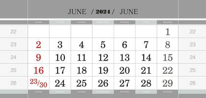 June 2024 quarterly calendar block. Wall calendar in English, week starts from Sunday. vector