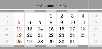 May 2024 quarterly calendar block. Wall calendar in English, week starts from Sunday. vector