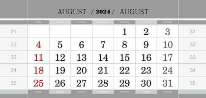 August 2024 quarterly calendar block. Wall calendar in English, week starts from Sunday. vector