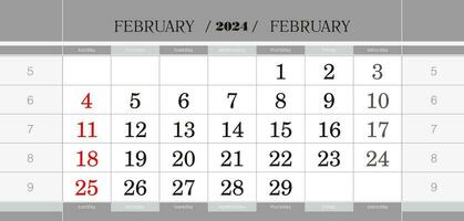 February 2024 quarterly calendar block. Wall calendar in English, week starts from Sunday. vector