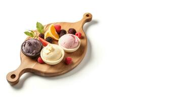 Ice cream and gelato on plate with berries on wooden plate AI generated photo