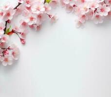 white color paper background decorated with  cherry blossom flowers. Flat lay banner with copy space AI generated photo