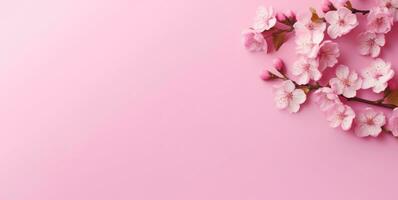 Cherry blossom pink sakura flower isolated in pink background with copy space bannerAI generated photo