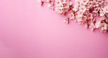 pink color paper background decorated with  cherry blossom flowers. Flat lay banner AI generated photo
