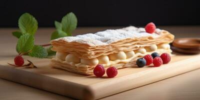 Millefeuille dessert with sugar on wooden plate AI generated photo
