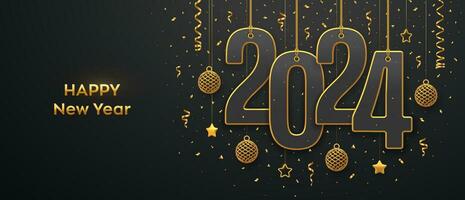 Happy New 2024 Year. Hanging on gold ropes numbers 2024 with shining 3D metallic stars, balls and confetti on black background. New Year greeting card, banner template. Realistic Vector illustration.