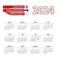 Calendar 2024 in English language with public holidays the country of Australia in year 2024. vector