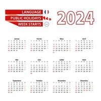 Calendar 2024 in French language with public holidays the country of Canada in year 2024. vector