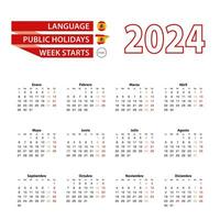 Calendar 2024 in Spanish language with public holidays the country of Spain in year 2024. vector