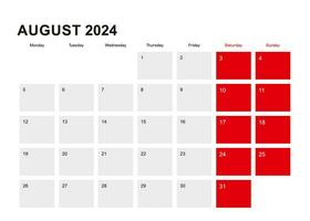 2024 agosto planificador calendario diseño. semana empieza desde lunes. vector