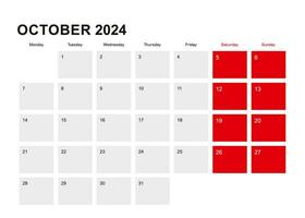 2024 October planner calendar design. Week starts from Monday. vector