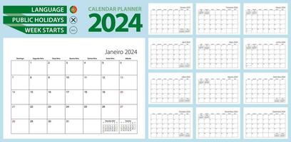 portugués calendario planificador para 2024. portugués idioma, semana empieza desde domingo. vector