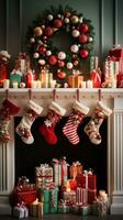 Bold and bright red and green mantle display with stockings and garland photo