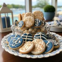 Nautical theme with blue and white decor, anchor, and sailboat cookies photo