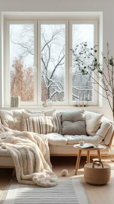 Simple minimalist modern living room, cozy, comfortable, and