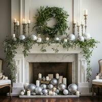 White and silver mantle display with candles and greenery photo