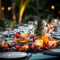 Vibrant tropical theme with colorful decorations and fruit displays photo