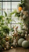 Whimsical woodland theme with animal decor and greenery garland photo