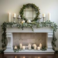 White and silver mantle display with candles and greenery photo