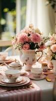 Vintage-inspired tea party with delicate china and floral centerpieces photo