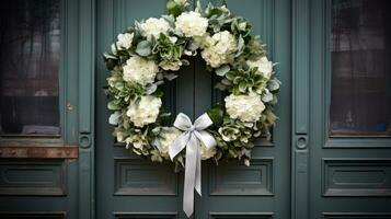 Simple yet classic white and green wreath on wooden door photo