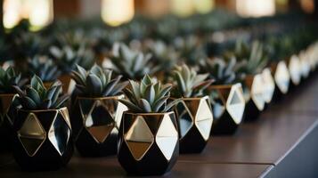 Modern geometric setup with gold accents and succulent favors photo