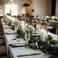 Minimalist white and green tablescape with eucalyptus and candles photo