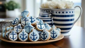 Nautical theme with blue and white decor, anchor, and sailboat cookies photo