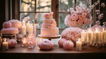 Cozy pink and gold setup with floral accents and desserts photo