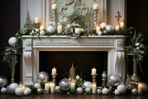 White and silver mantle display with candles and greenery photo