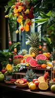vibrante tropical tema con vistoso decoraciones y Fruta muestra foto