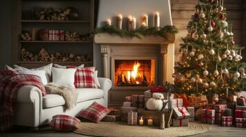 acogedor vivo habitación con Navidad árbol, medias, y fuego chicharrón foto