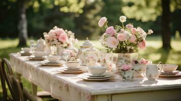 de inspiración vintage té fiesta con delicado China y floral centros de mesa foto