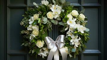 Simple yet classic white and green wreath on wooden door photo