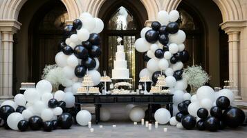 Elegant black and white affair with balloons and dessert table photo