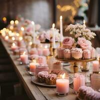 acogedor rosado y oro preparar con floral acentos y postres foto