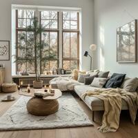 Scandinavian-inspired living room with minimalist tree and cozy blankets photo