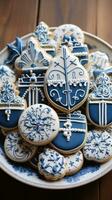 Nautical theme with blue and white decor, anchor, and sailboat cookies photo