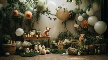 Whimsical woodland theme with animal decor and greenery garland photo